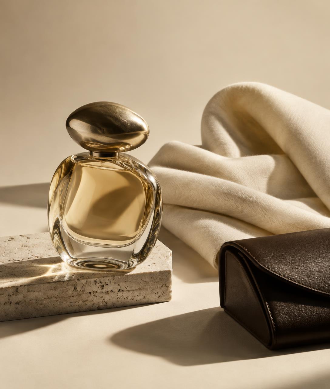 Curated luxury products in an ivory and espresso still life